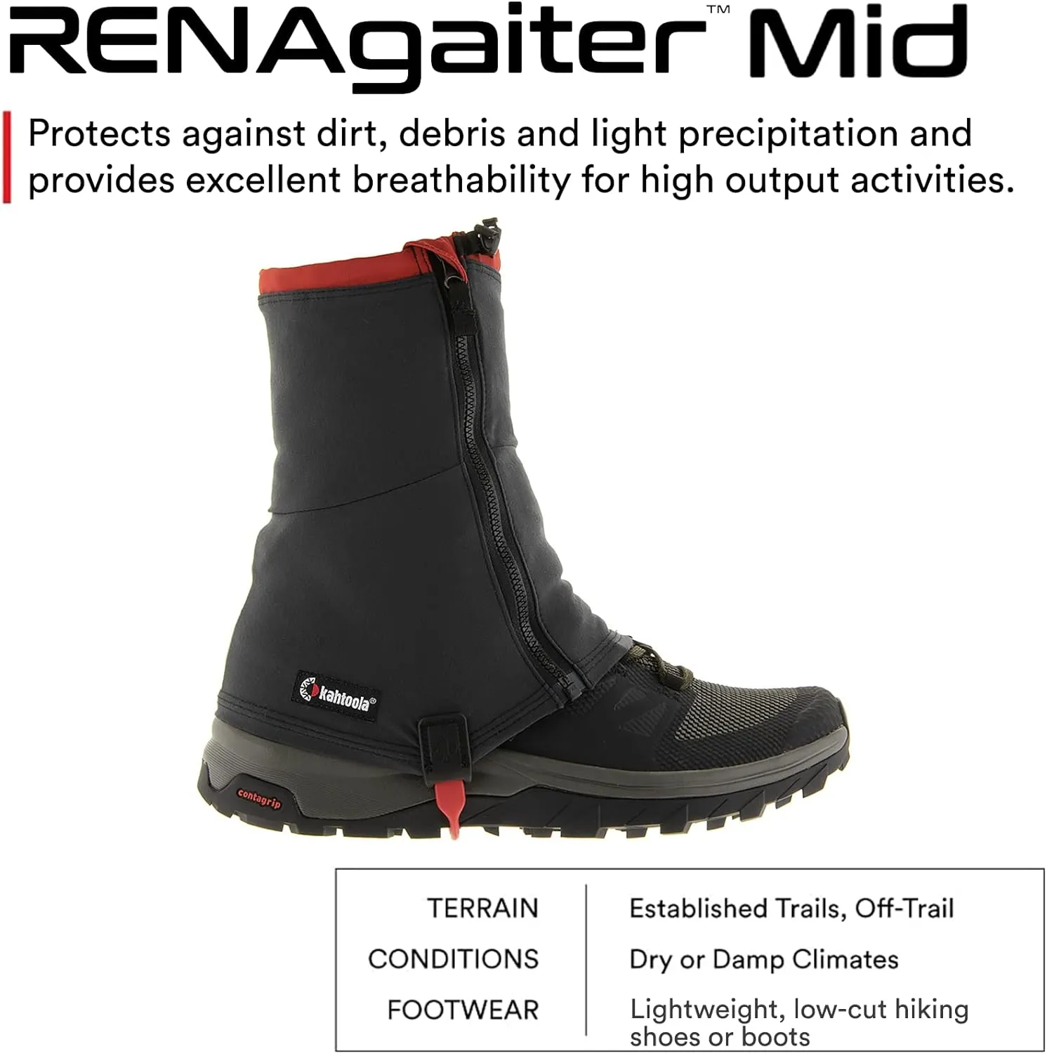 Kahtoola RENAgaiter Mid Gaiters for Hiking, Mountaineering, Trail Running, Shoe & Boot Protection in Mud, Snow & Ice