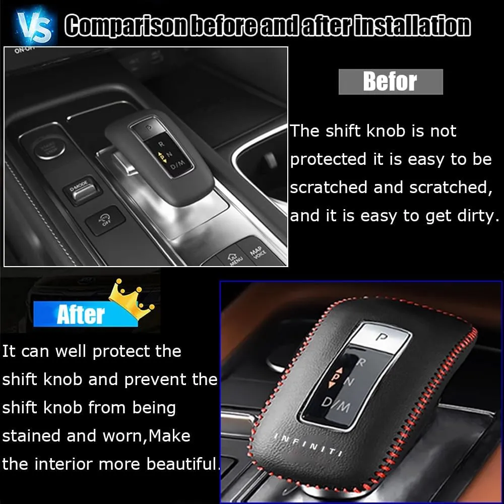 Kakash Custom Interior Accessories for Infiniti QX60 2022 2023 2024 Leather Automatic Gear Shift Knob Cover,Transimission Boots Shift Lever Leather Sheath(Black Stitches)