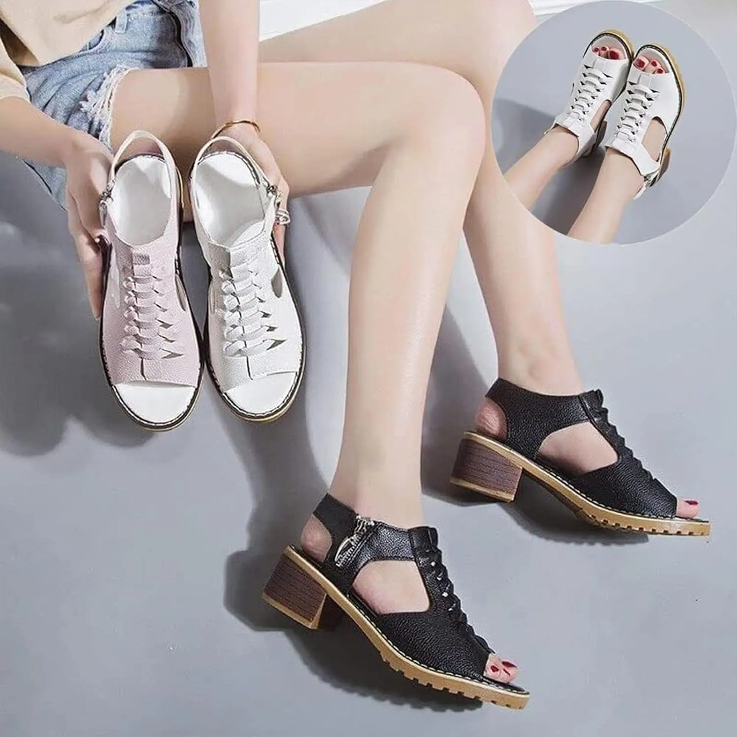 Keilani Sandals - Keilani Peep Toe Cutout Zipper Chunky Heeled Sandals, Orthotic Shoes, Peep Toe Sandal for Women