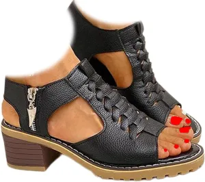 Keilani Sandals - Keilani Peep Toe Cutout Zipper Chunky Heeled Sandals, Orthotic Shoes, Peep Toe Sandal for Women