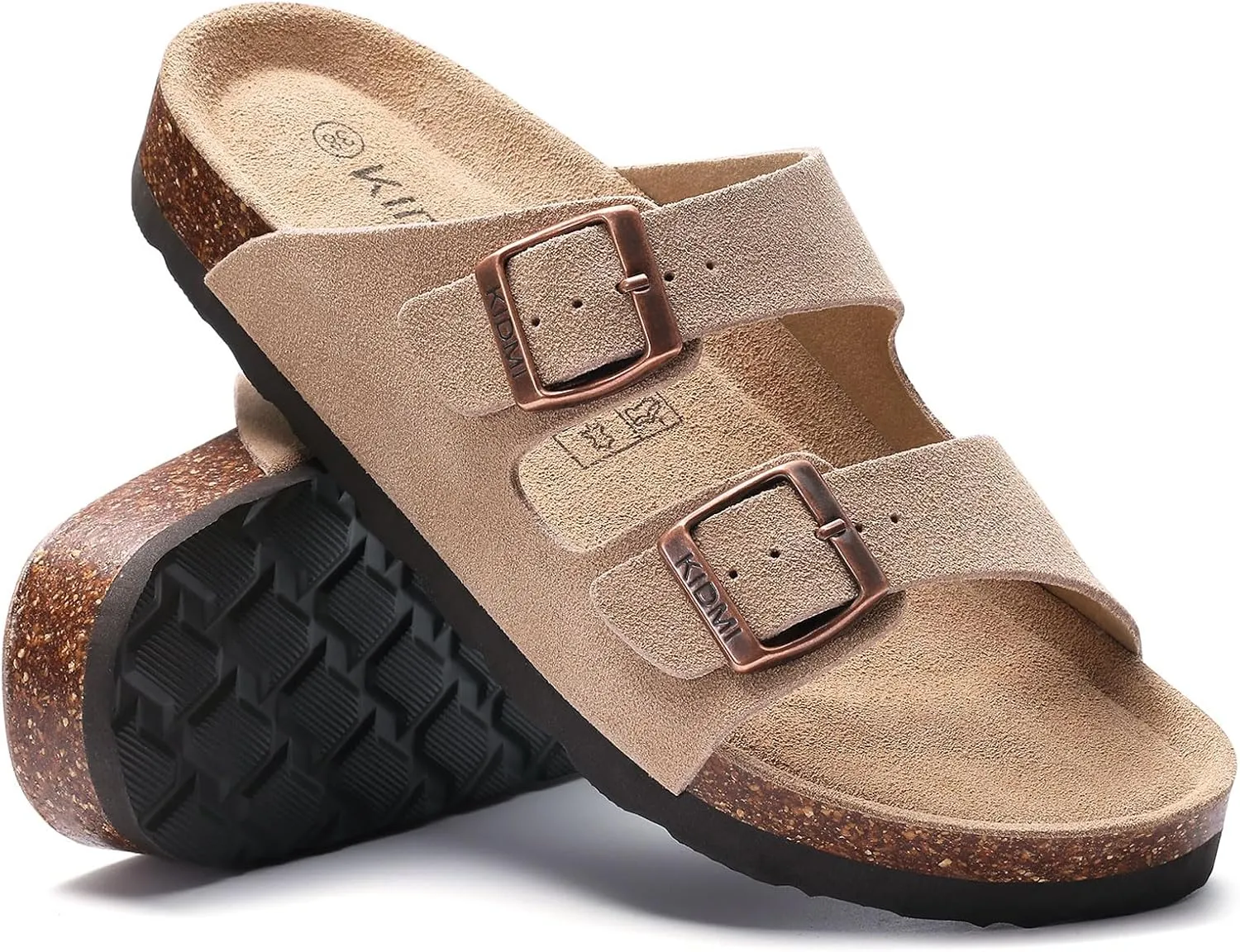 KIDMI Women's Genuine Suede Sandals Cork Footbed Summer Adjustable Slide Sandals