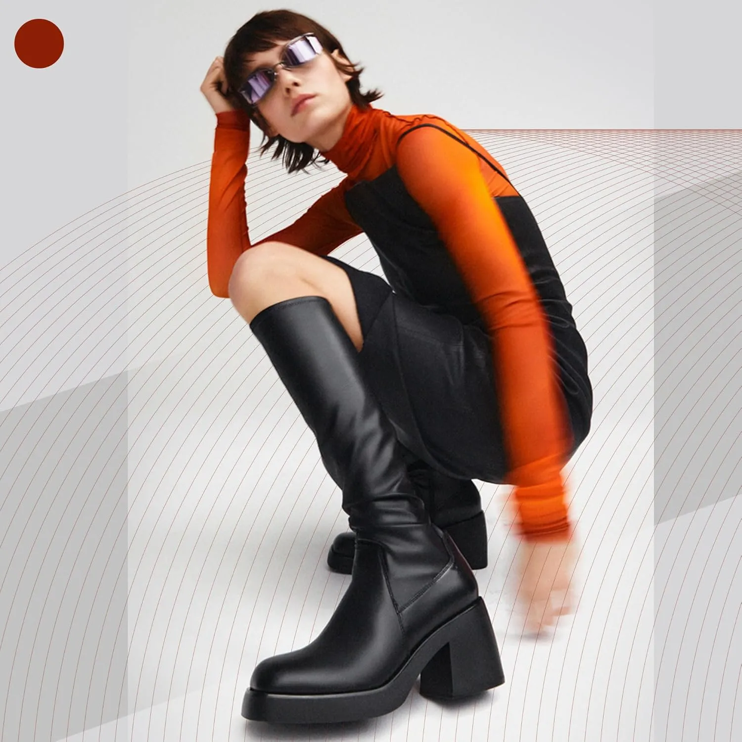 Knee High Boots Women Square Toe Elastic Boots Platform Chunky Heel Stretchy Tall Boots Side Zipper Fashion Dress Long Boots