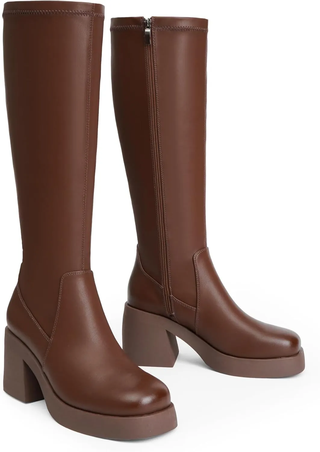 Knee High Boots Women Square Toe Elastic Boots Platform Chunky Heel Stretchy Tall Boots Side Zipper Fashion Dress Long Boots