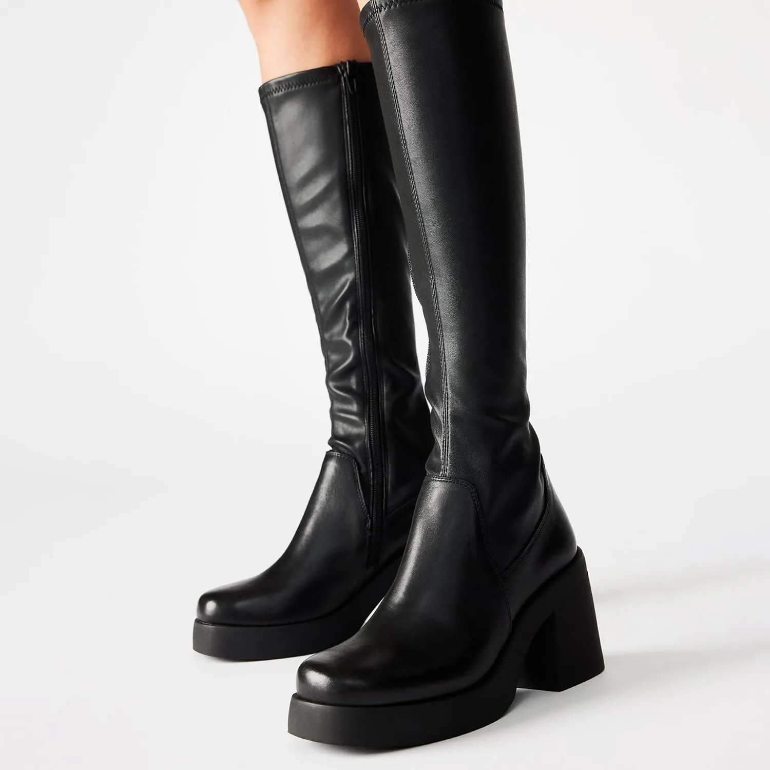 Knee High Boots Women Square Toe Elastic Boots Platform Chunky Heel Stretchy Tall Boots Side Zipper Fashion Dress Long Boots