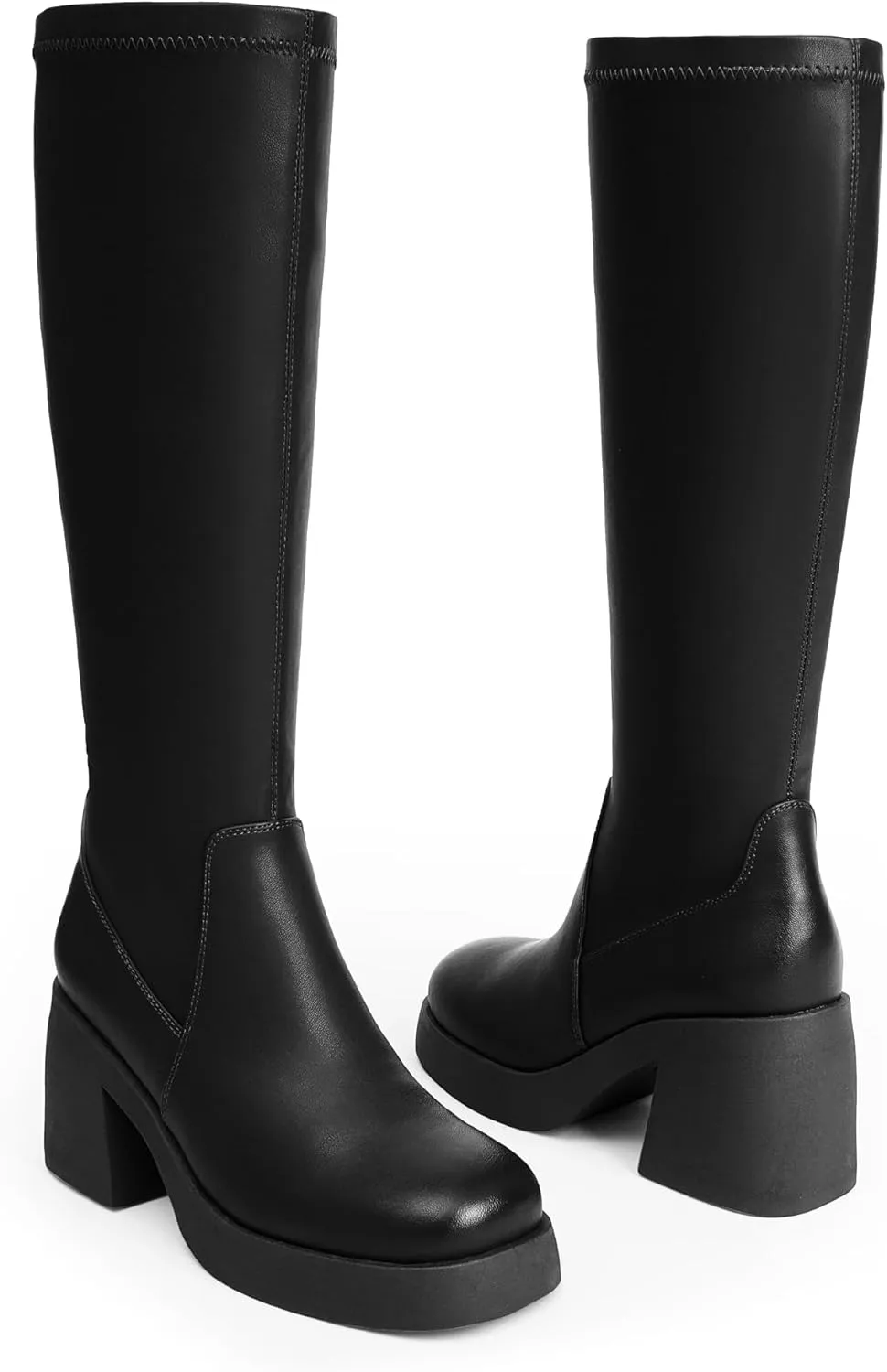 Knee High Boots Women Square Toe Elastic Boots Platform Chunky Heel Stretchy Tall Boots Side Zipper Fashion Dress Long Boots