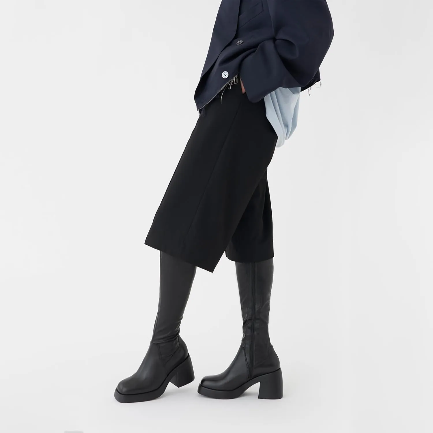 Knee High Boots Women Square Toe Elastic Boots Platform Chunky Heel Stretchy Tall Boots Side Zipper Fashion Dress Long Boots