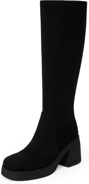 Knee High Boots Women Square Toe Elastic Boots Platform Chunky Heel Stretchy Tall Boots Side Zipper Fashion Dress Long Boots