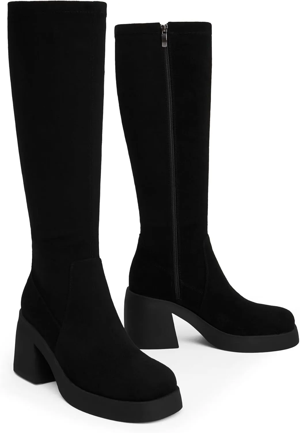 Knee High Boots Women Square Toe Elastic Boots Platform Chunky Heel Stretchy Tall Boots Side Zipper Fashion Dress Long Boots