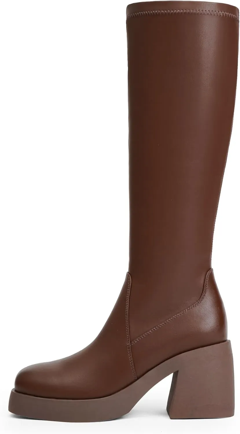 Knee High Boots Women Square Toe Elastic Boots Platform Chunky Heel Stretchy Tall Boots Side Zipper Fashion Dress Long Boots