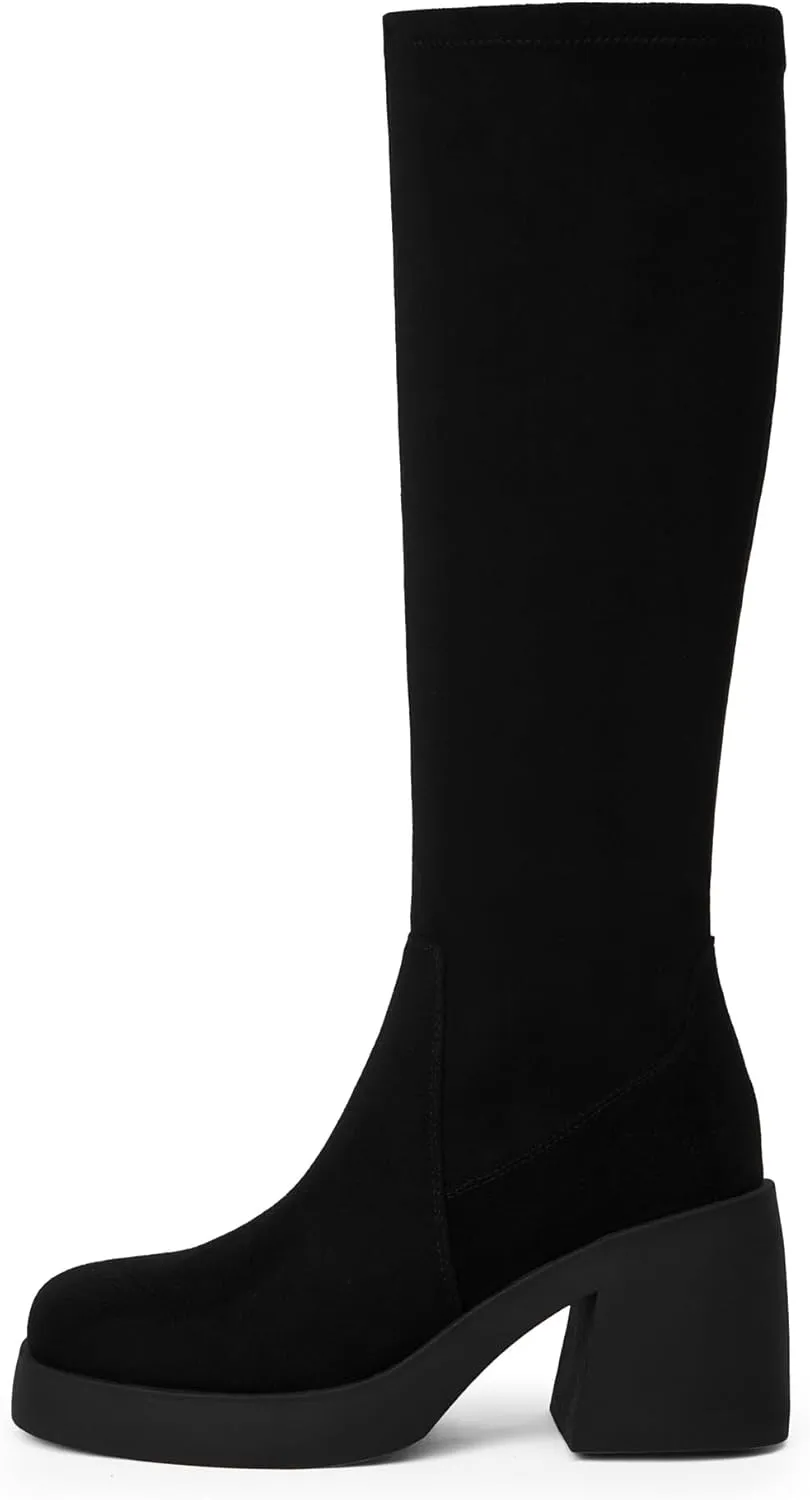 Knee High Boots Women Square Toe Elastic Boots Platform Chunky Heel Stretchy Tall Boots Side Zipper Fashion Dress Long Boots