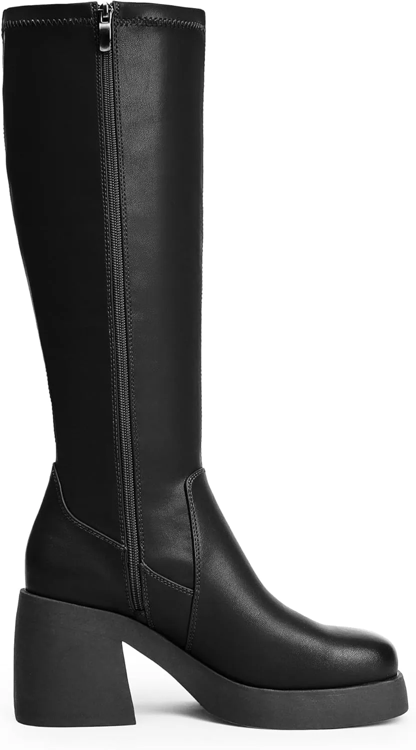 Knee High Boots Women Square Toe Elastic Boots Platform Chunky Heel Stretchy Tall Boots Side Zipper Fashion Dress Long Boots