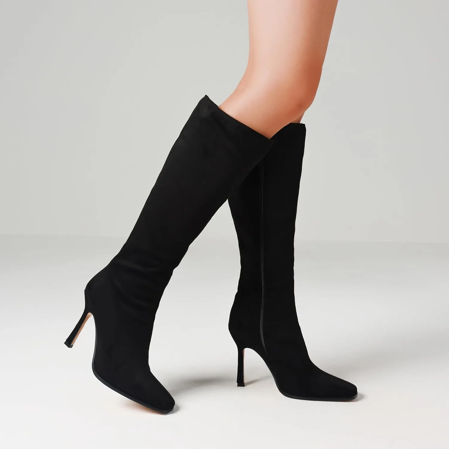 Knee High Boots, Women Thigh High Tall Leather Square Toe 3.74 In Stiletto Heel Sexy Fashion Side Zipper Fall Winter Long Boots