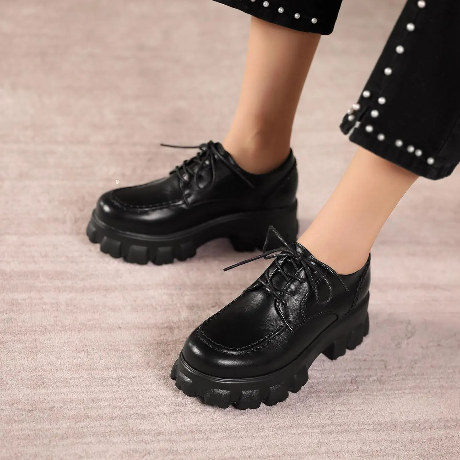 KOKOMOMO Womens Platform Oxford Shoes Chunky Platform Loafers Goth Buckle Shoes