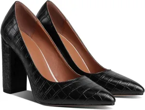 LEHOOR Women Chunky High Heel Pumps Pointed Toe Animal Print Patent Closed Toe Sandals 4 Inch Block Heel Slip On Dress Pumps Shoes Sexy Comfy Office Ladies Wedding Party Crocodile Black 9.5 M US