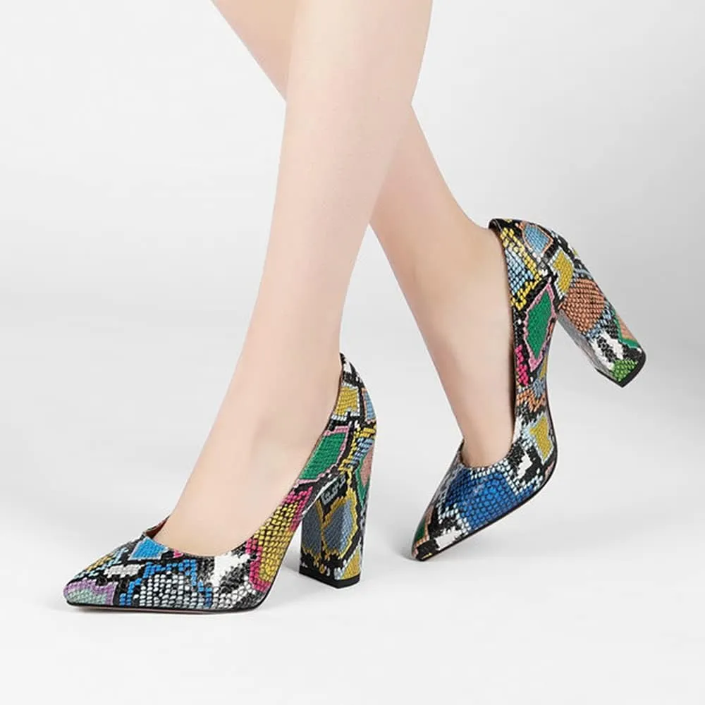 LEHOOR Women Chunky High Heel Pumps Pointed Toe Animal Print Suede Closed Toe Sandals 4 Inch Block Heel Slip On Dress Pumps Shoes Sexy Chic Office Ladies Evening Party 4-11 M US