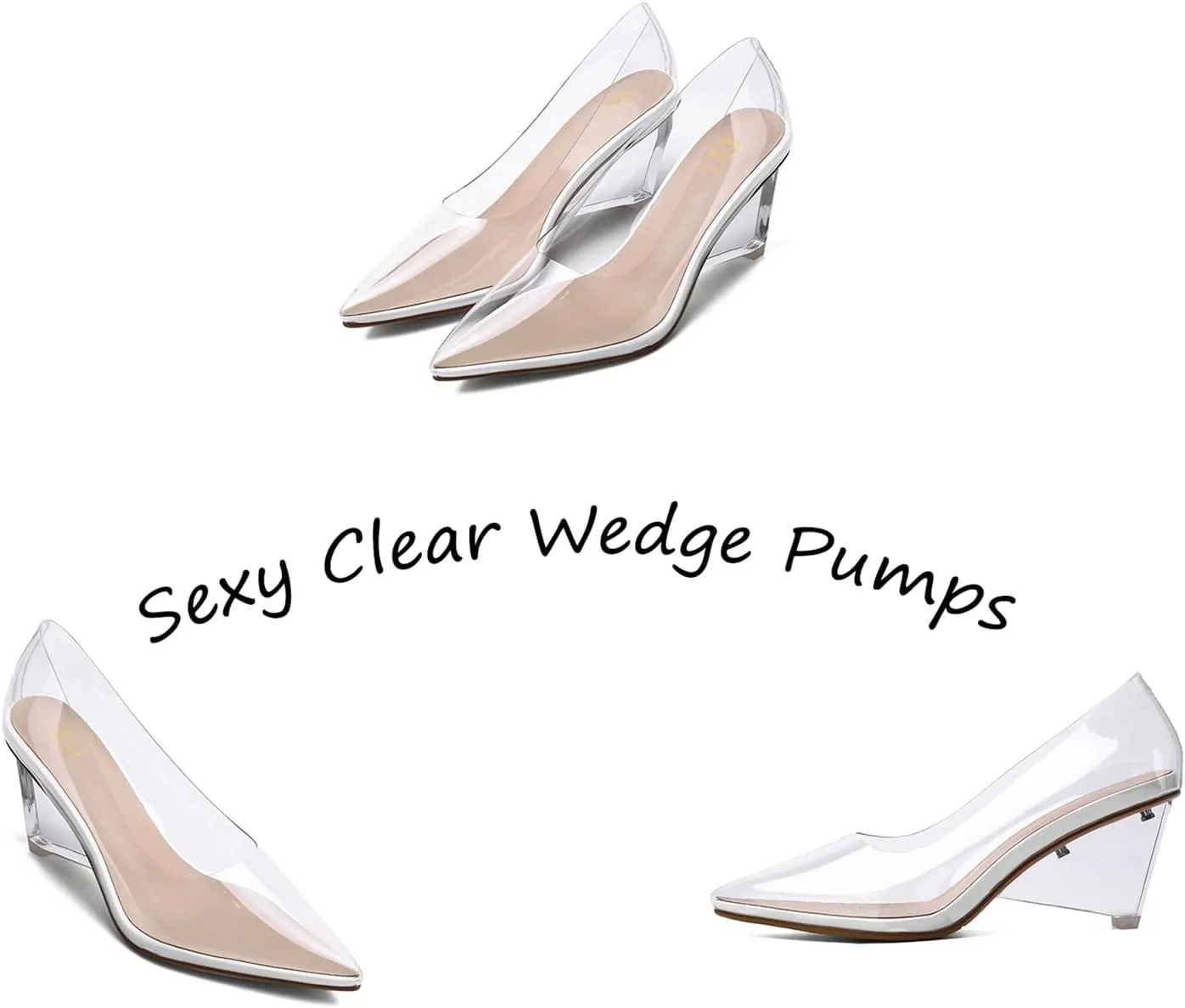 LEHOOR Women Clear Wedge Heel Pumps with Rhinestones Pointed Toe Transparent Wedge Heels Slip On Sexy Dress Wedges Shoes Sandals Closed Toe Fashion Party Bridal Wedding High Heels 3 Inch 4-9 M US