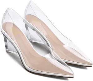 LEHOOR Women Clear Wedge Heel Pumps with Rhinestones Pointed Toe Transparent Wedge Heels Slip On Sexy Dress Wedges Shoes Sandals Closed Toe Fashion Party Bridal Wedding High Heels 3 Inch 4-9 M US