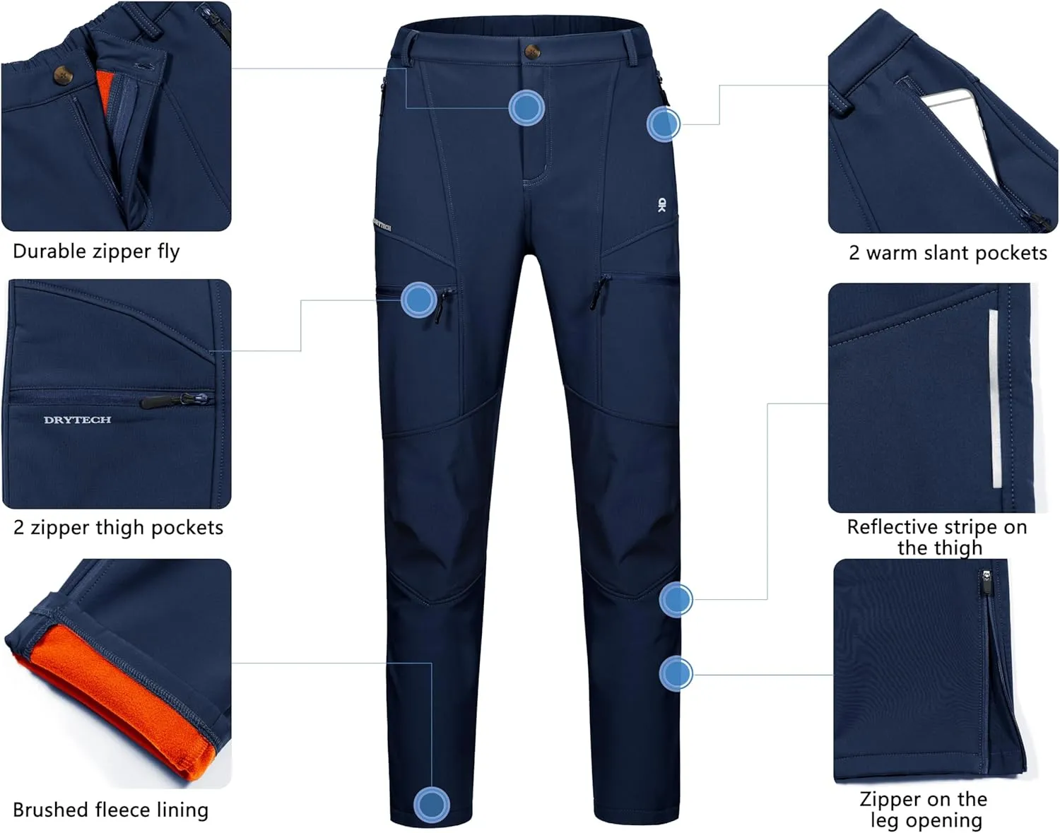 Little Donkey Andy Men's Fleece Lined Hiking Ski Snow Pants, Winter Windproof Softshell Pants, Warm and Water Repellent