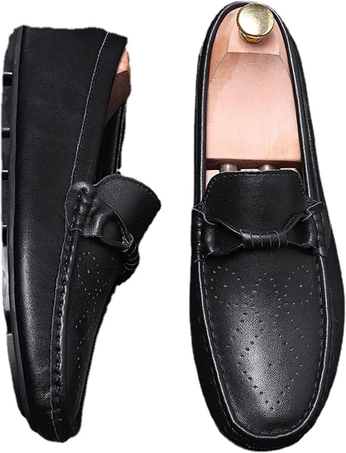 Loafer Shoes for Men Rope Tie Brogue Round Toe Genuine Leather Breathable Resistant Soft Flat Heel Driving Slip On for Any Attire
