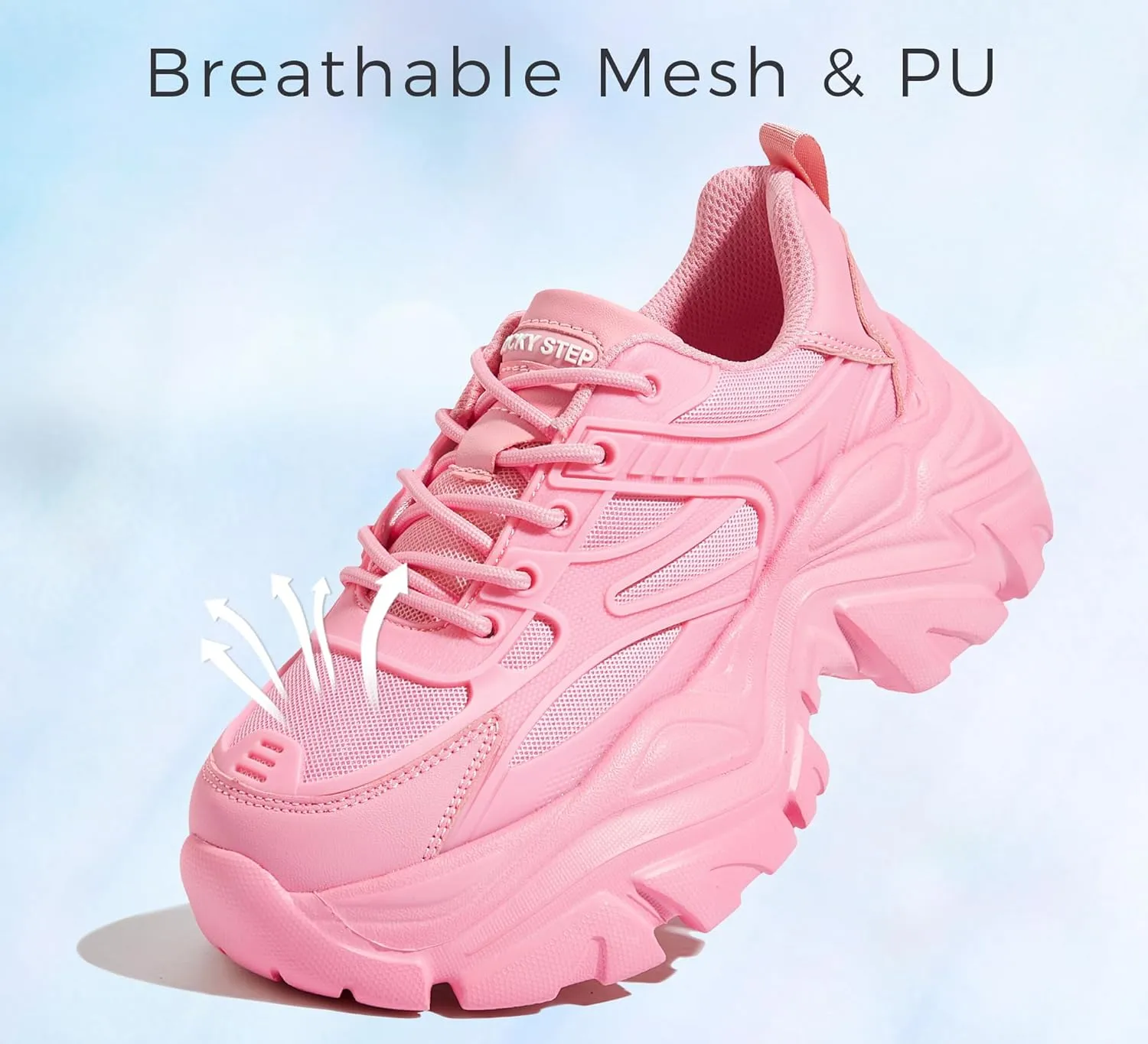 LUCKY STEP Chunky Sneakers for Women Platform Tennis Fashion White Dad Shoes Mesh Breathable Casual Wedge Lace Up Walking Sneakers