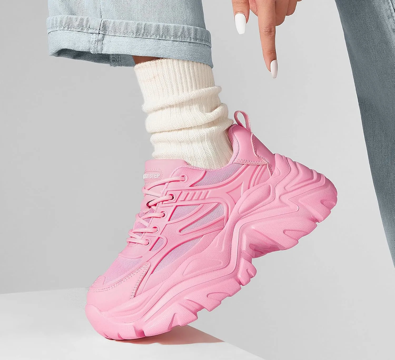 LUCKY STEP Chunky Sneakers for Women Platform Tennis Fashion White Dad Shoes Mesh Breathable Casual Wedge Lace Up Walking Sneakers