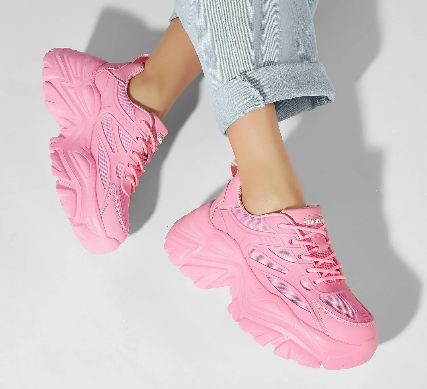 LUCKY STEP Chunky Sneakers for Women Platform Tennis Fashion White Dad Shoes Mesh Breathable Casual Wedge Lace Up Walking Sneakers