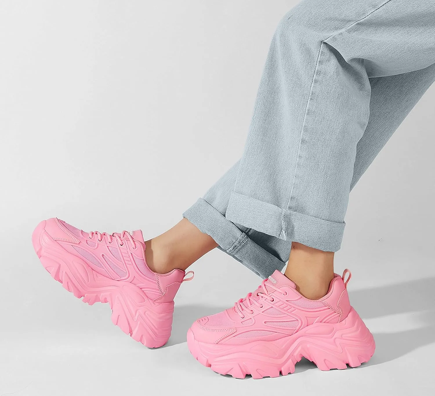 LUCKY STEP Chunky Sneakers for Women Platform Tennis Fashion White Dad Shoes Mesh Breathable Casual Wedge Lace Up Walking Sneakers