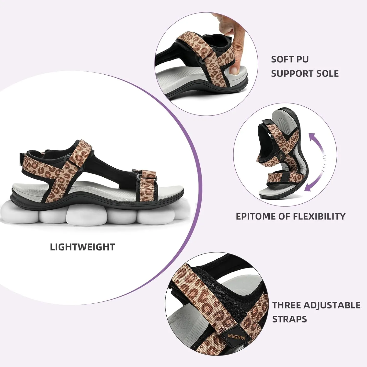 MEGNYA Comfortable Hiking Sandals for Womens, Classic Sport Walking Sandals with Adjustable Straps, Casual Summer Athletic Sandals for Trekking, Camping, Trip