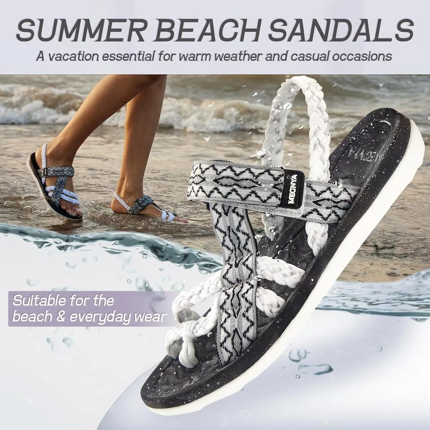 MEGNYA Hiking Sandals for Womens, Comfortable Walking Flip Flop Sandals with Arch Support, Athletic Sandals with Hook and Loop Straps for Beach Vacation Adventure