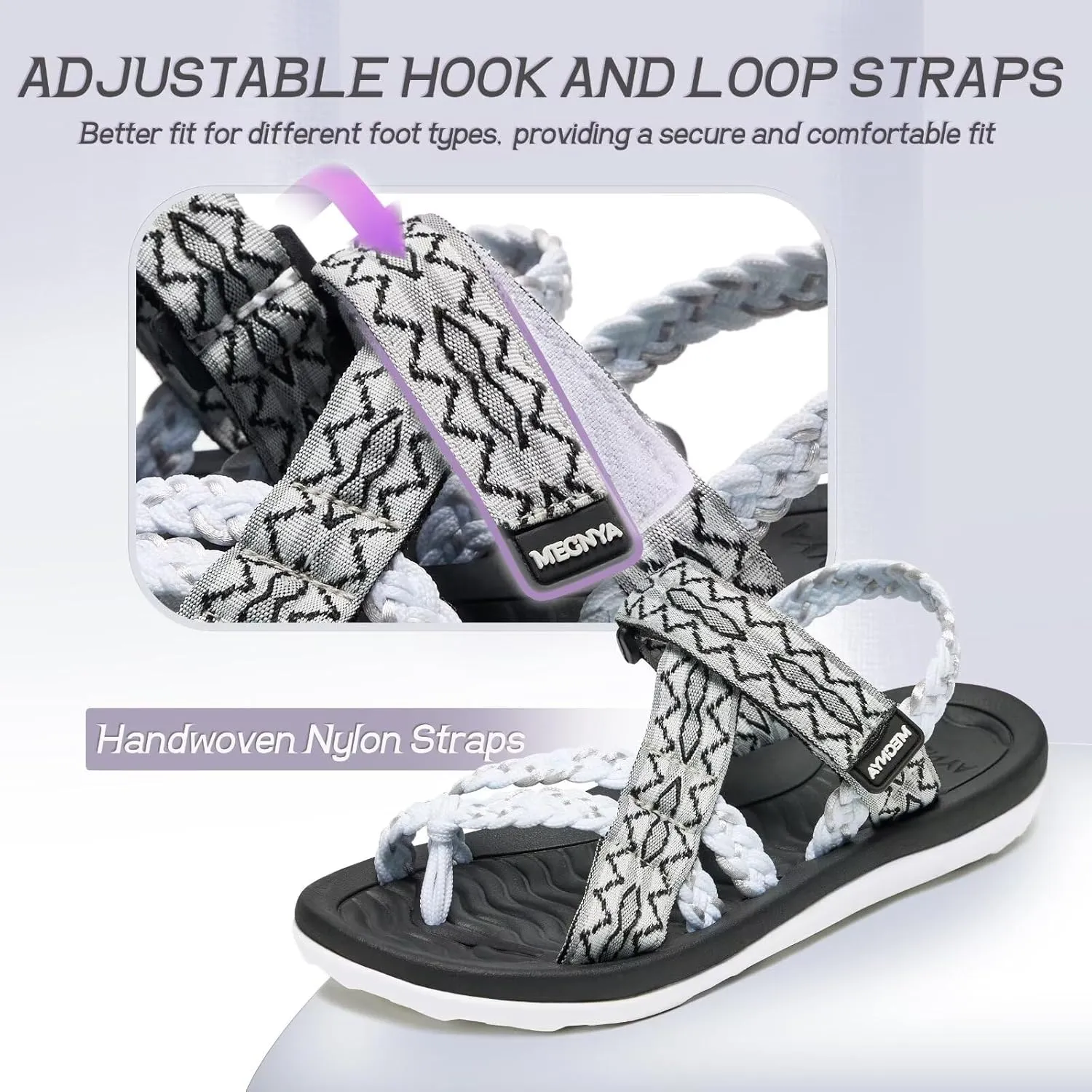 MEGNYA Hiking Sandals for Womens, Comfortable Walking Flip Flop Sandals with Arch Support, Athletic Sandals with Hook and Loop Straps for Beach Vacation Adventure