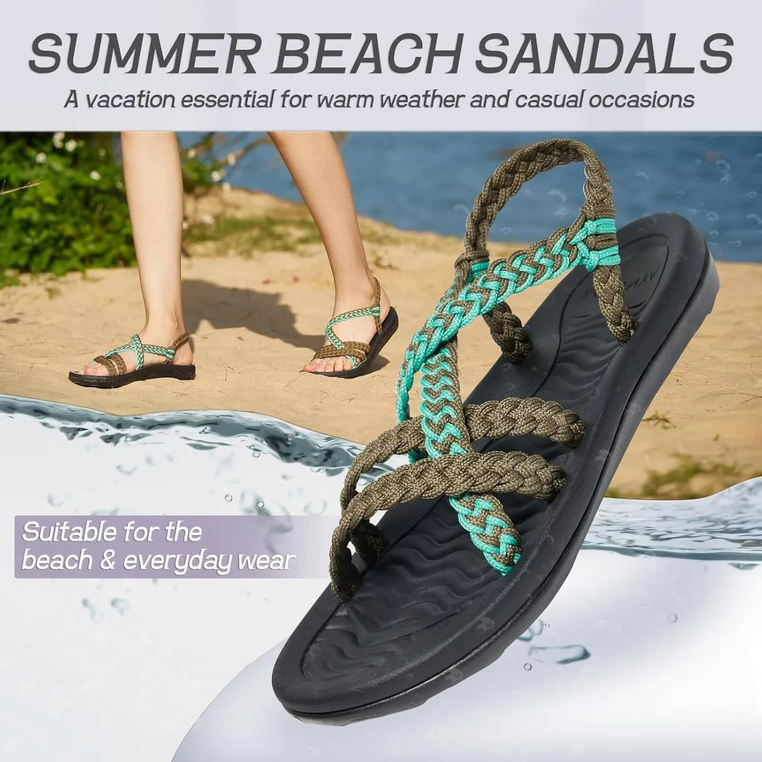 MEGNYA Women's Comfortable Walking Sandals with Arch Support, Athletic Hiking Sandals with Handmade Straps, Outdoor Soft Water Sandals for Beach Poolside Travel Camping
