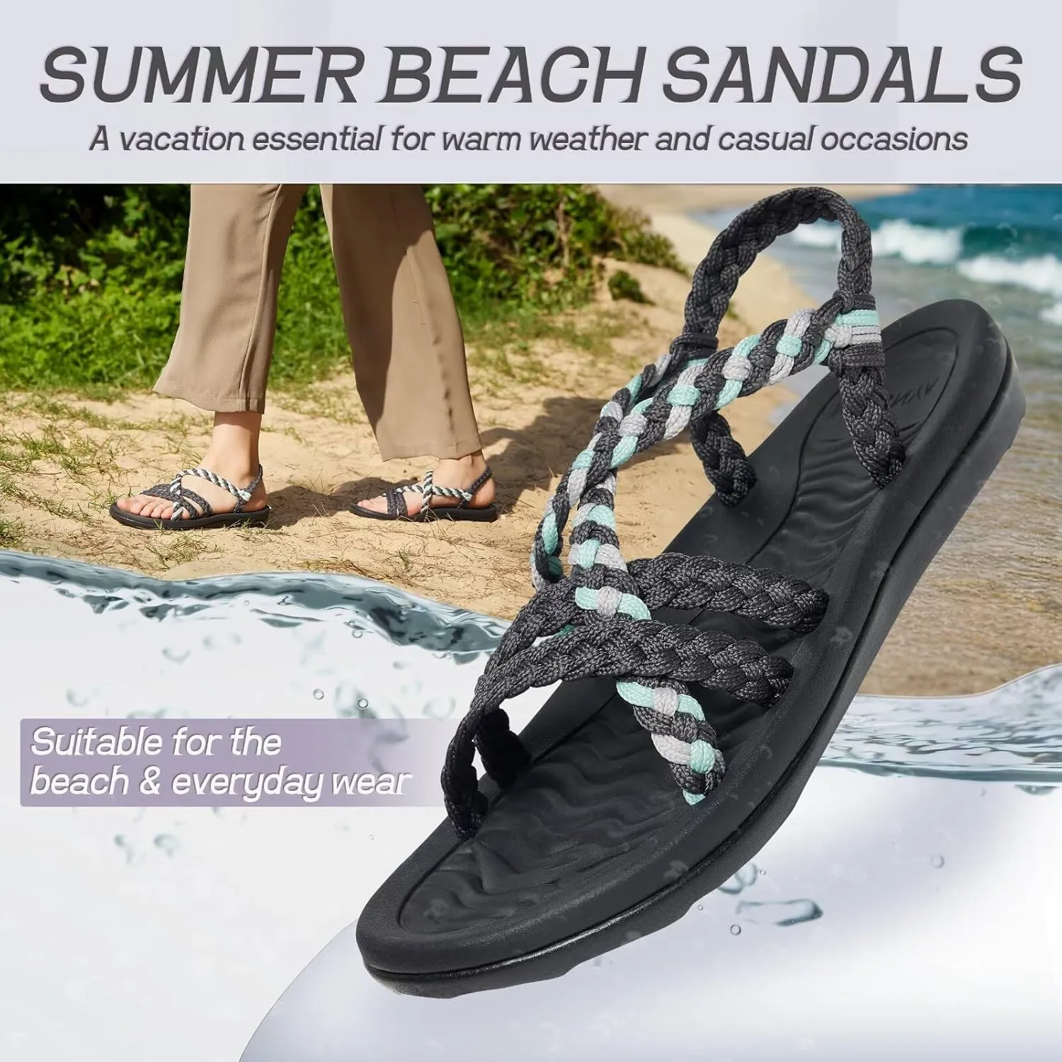 MEGNYA Women's Comfortable Walking Sandals with Arch Support, Athletic Hiking Sandals with Handmade Straps, Outdoor Soft Water Sandals for Beach Poolside Travel Camping