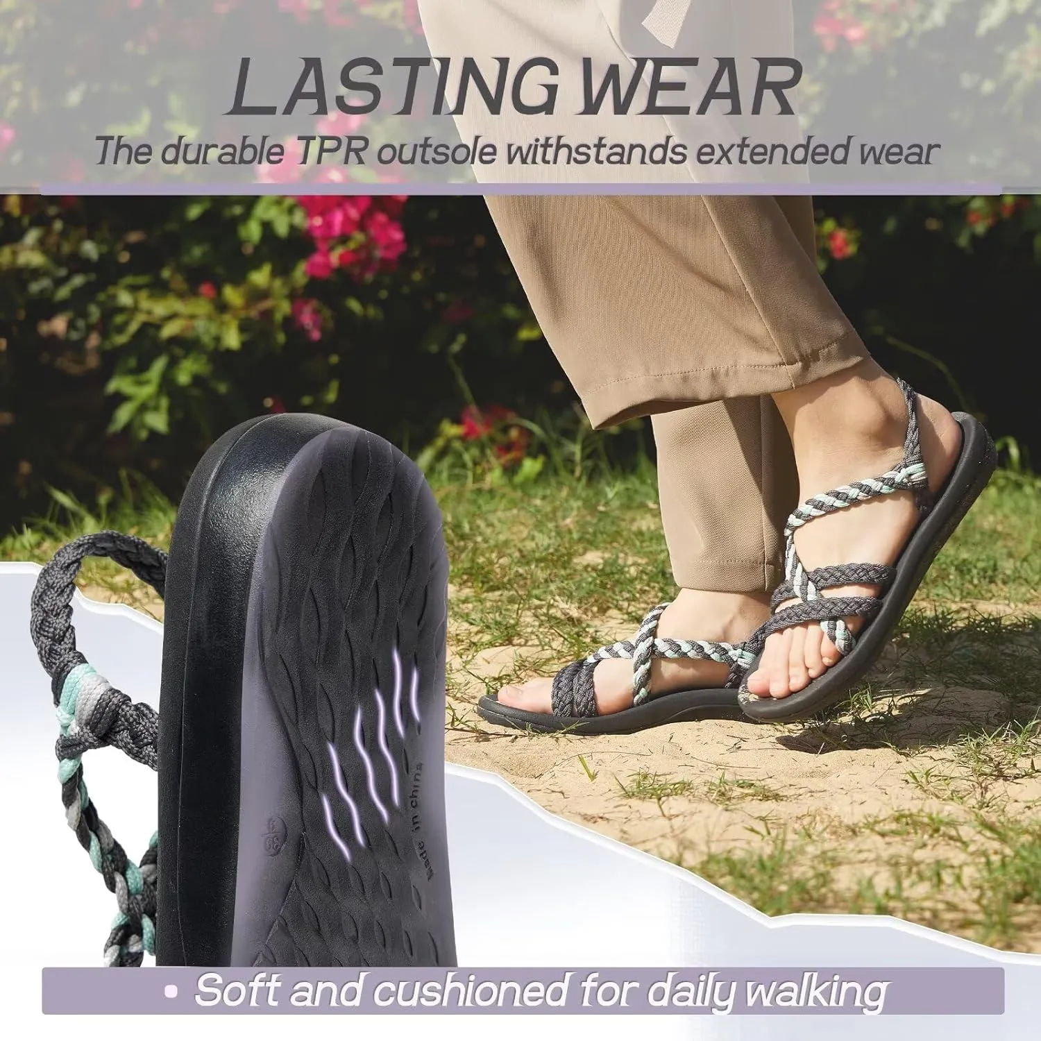 MEGNYA Women's Comfortable Walking Sandals with Arch Support, Athletic Hiking Sandals with Handmade Straps, Outdoor Soft Water Sandals for Beach Poolside Travel Camping
