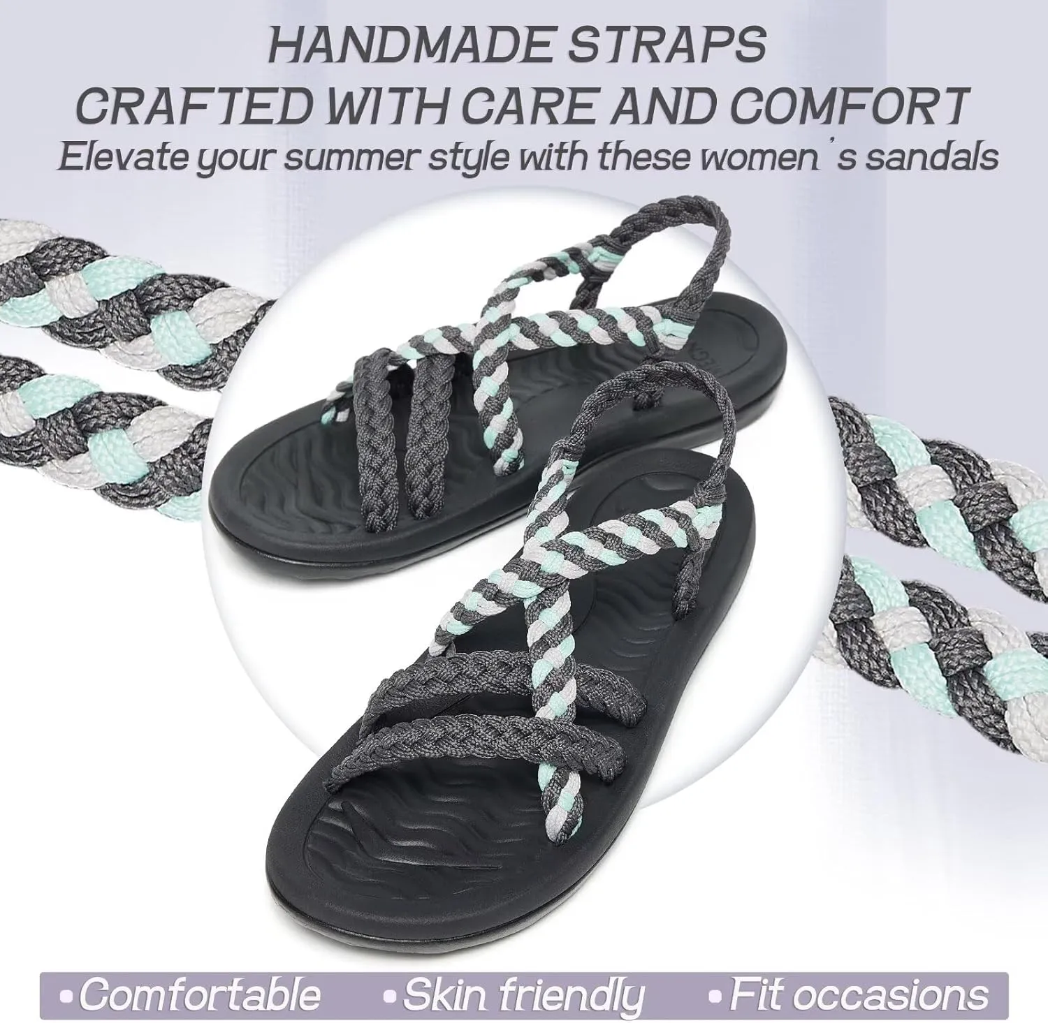 MEGNYA Women's Comfortable Walking Sandals with Arch Support, Athletic Hiking Sandals with Handmade Straps, Outdoor Soft Water Sandals for Beach Poolside Travel Camping