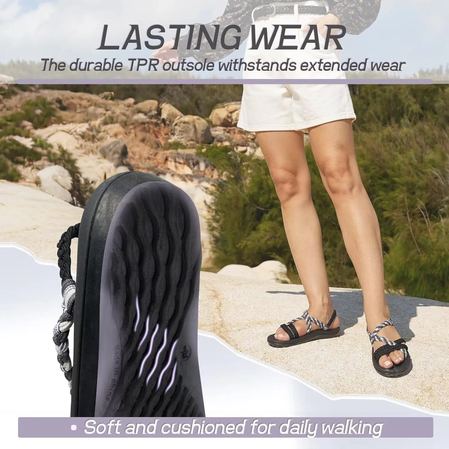 MEGNYA Women's Comfortable Walking Sandals with Arch Support, Athletic Hiking Sandals with Handmade Straps, Outdoor Soft Water Sandals for Beach Poolside Travel Camping