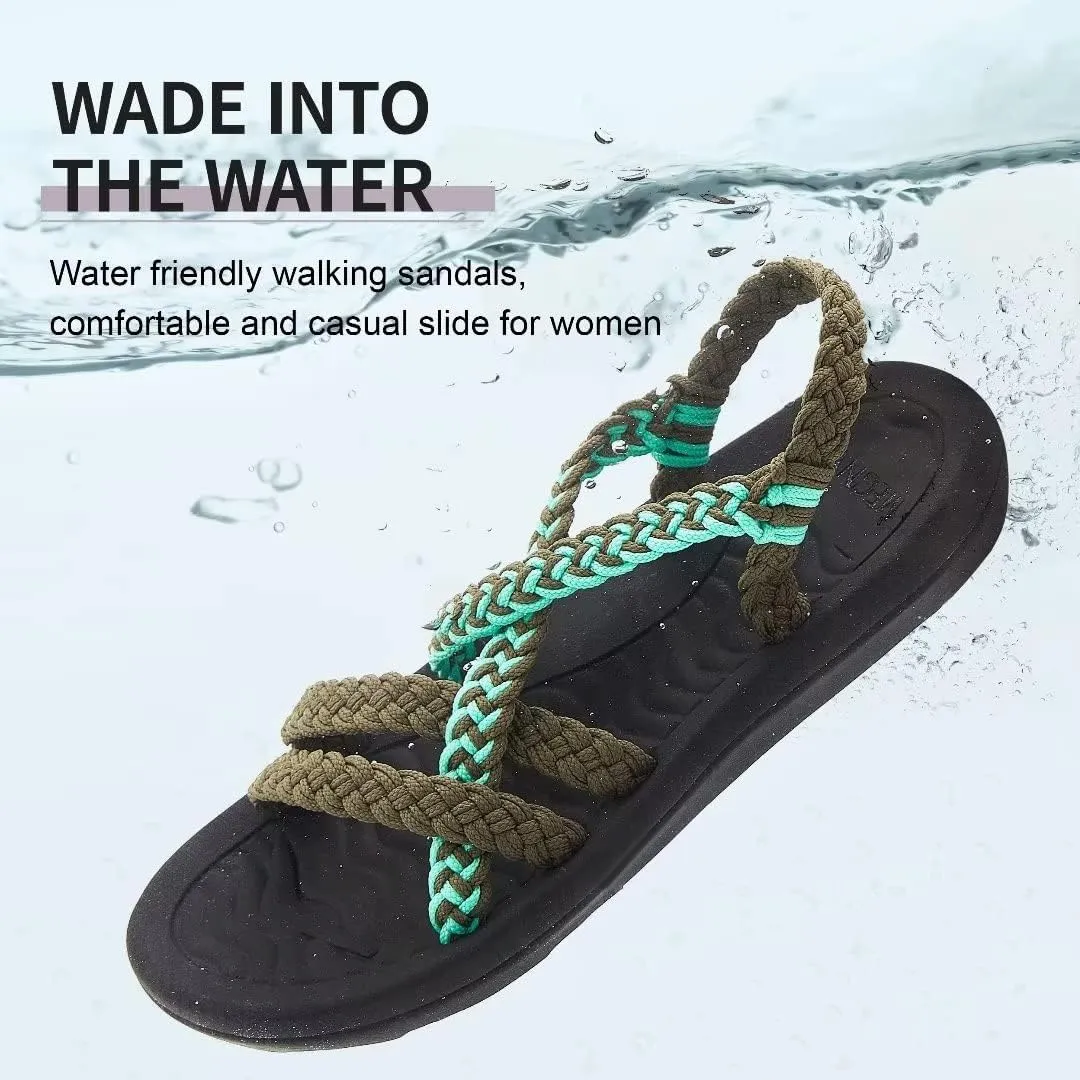 MEGNYA Women's Comfortable Walking Sandals with Arch Support, Athletic Hiking Sandals with Handmade Straps, Outdoor Soft Water Sandals for Beach Poolside Travel Camping