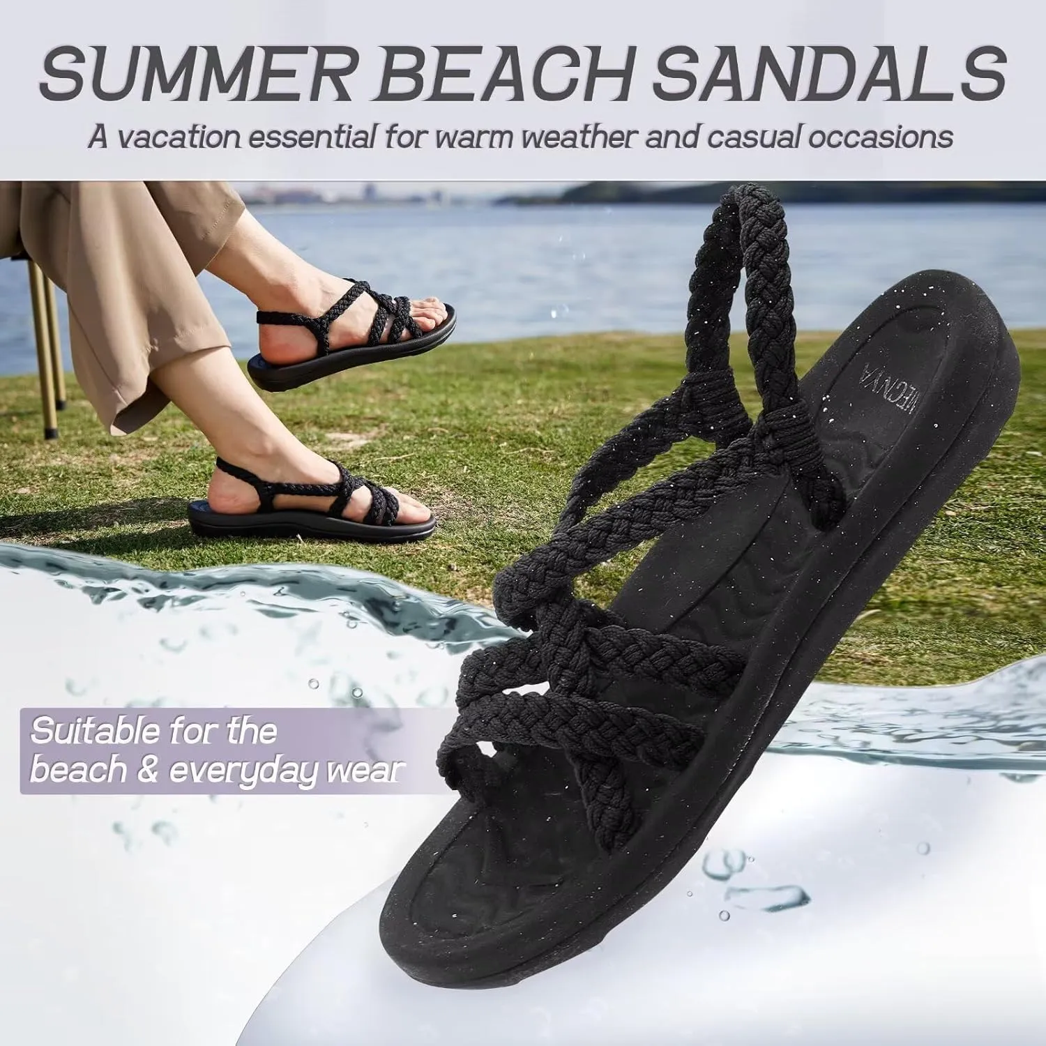 MEGNYA Women's Comfortable Walking Sandals with Arch Support, Athletic Hiking Sandals with Handmade Straps, Outdoor Soft Water Sandals for Beach Poolside Travel Camping