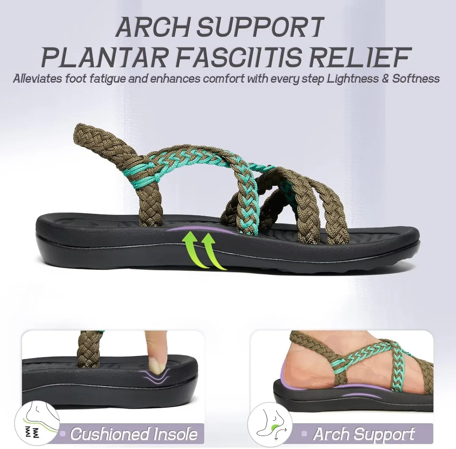 MEGNYA Women's Comfortable Walking Sandals with Arch Support, Athletic Hiking Sandals with Handmade Straps, Outdoor Soft Water Sandals for Beach Poolside Travel Camping