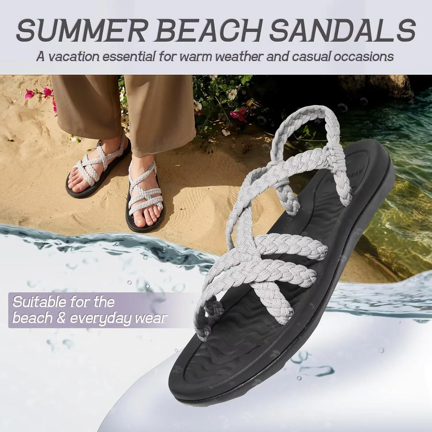 MEGNYA Women's Comfortable Walking Sandals with Arch Support, Athletic Hiking Sandals with Handmade Straps, Outdoor Soft Water Sandals for Beach Poolside Travel Camping
