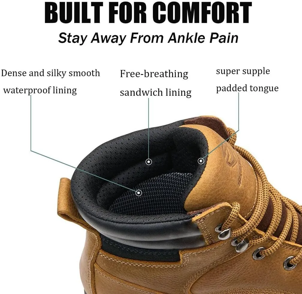 Men 6 Inch Waterproof Soft Toe Work Boots - Moc Toe,Construction Industrial Safety Leather Work Shoes,Oil/Slip Resistant Comfortable Wedge Outsole,EH Rated,Goodyear Welt,Lace Up,Heavy Duty