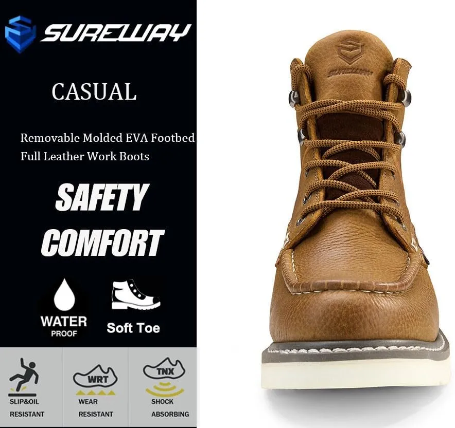 Men 6 Inch Waterproof Soft Toe Work Boots - Moc Toe,Construction Industrial Safety Leather Work Shoes,Oil/Slip Resistant Comfortable Wedge Outsole,EH Rated,Goodyear Welt,Lace Up,Heavy Duty