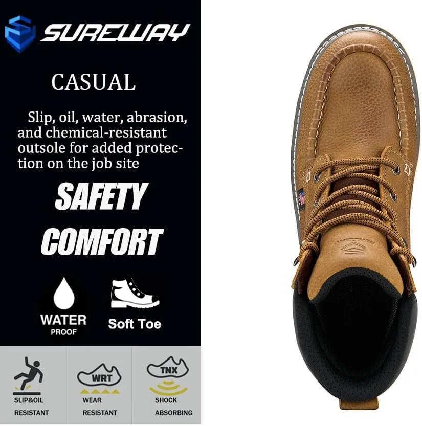 Men 6 Inch Waterproof Soft Toe Work Boots - Moc Toe,Construction Industrial Safety Leather Work Shoes,Oil/Slip Resistant Comfortable Wedge Outsole,EH Rated,Goodyear Welt,Lace Up,Heavy Duty
