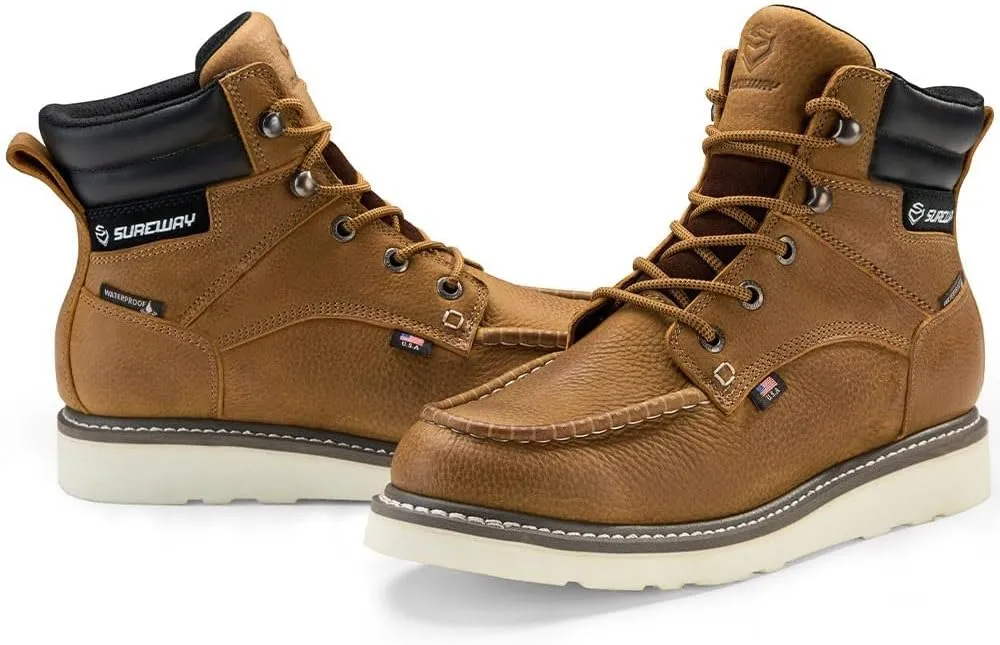 Men 6 Inch Waterproof Soft Toe Work Boots - Moc Toe,Construction Industrial Safety Leather Work Shoes,Oil/Slip Resistant Comfortable Wedge Outsole,EH Rated,Goodyear Welt,Lace Up,Heavy Duty