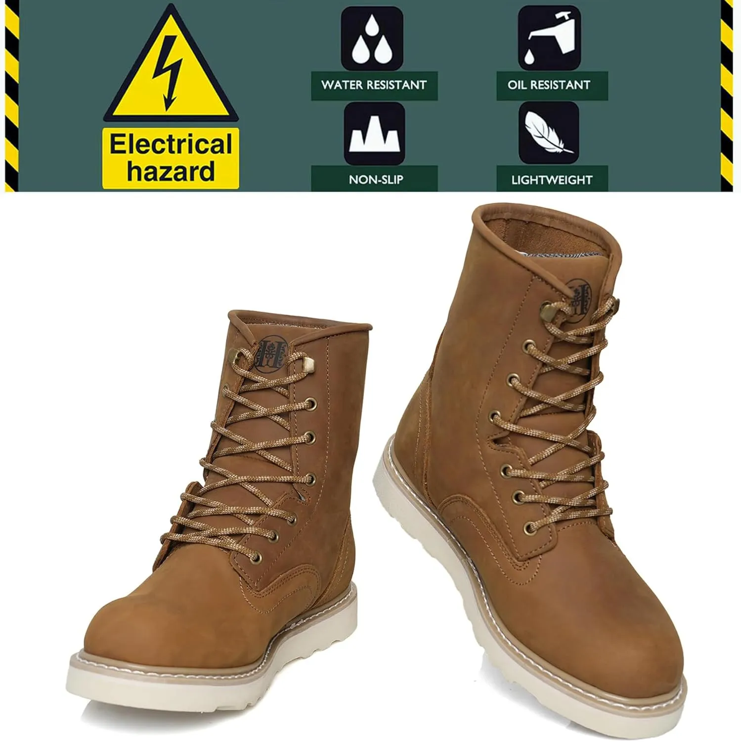 Men's 6"-8" Soft Toe Men's Work Boots, Water Resistant Leather EH Safety Boots With Non-Slip Wedge Outsole 805-809