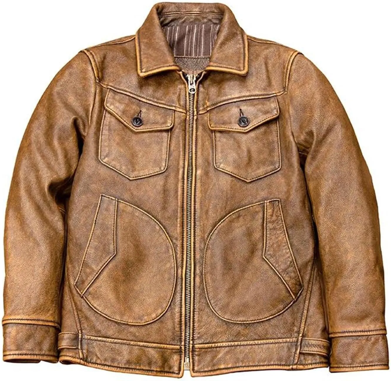 Men’s Cowhide Leather Jacket Cool Weather Textured Design Casual Coat