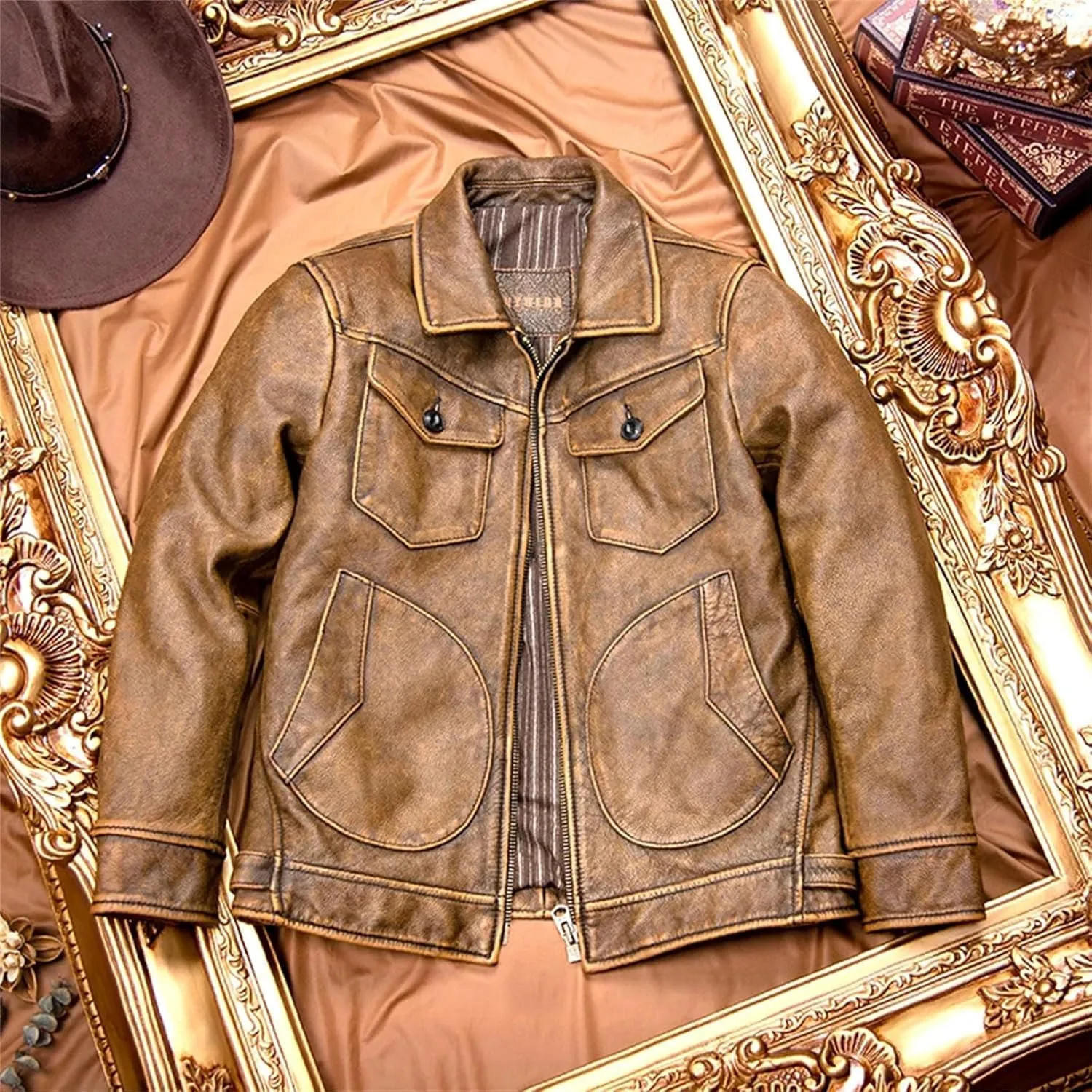 Men’s Cowhide Leather Jacket Cool Weather Textured Design Casual Coat