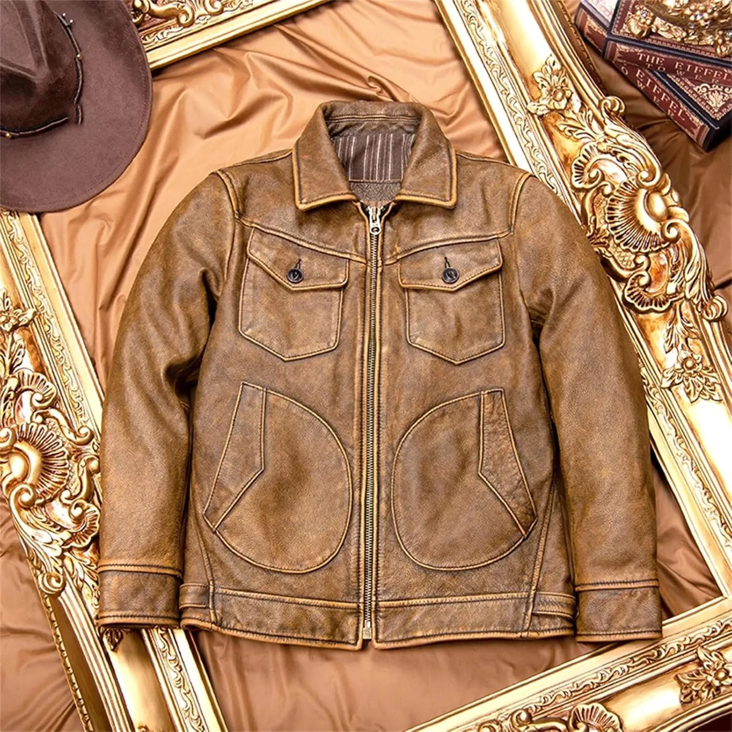 Men’s Cowhide Leather Jacket Cool Weather Textured Design Casual Coat