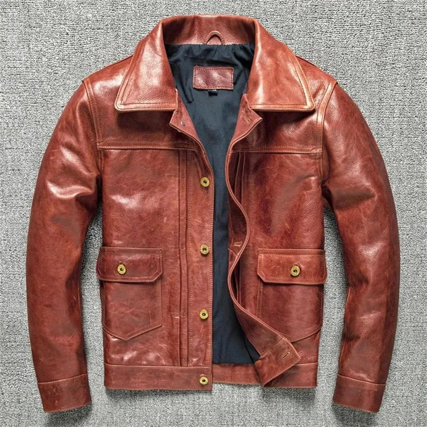 Men’s Cowhide Leather Jacket Quilted Lining Spring Winter Casual Overcoat
