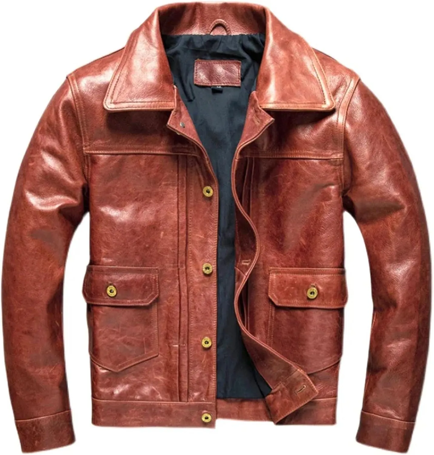 Men’s Cowhide Leather Jacket Quilted Lining Spring Winter Casual Overcoat