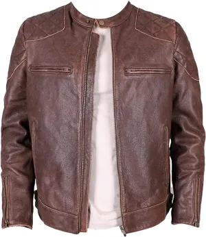 Men’s Cowhide Leather Jacket Stand Collar Cool Weather Motorcycle Coat